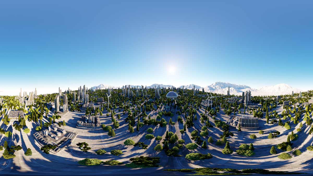 Bluesky over a futuristic city
