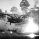 Spaceship leaving scene of a battle