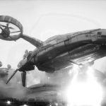 Spaceship leaving scene of a battle